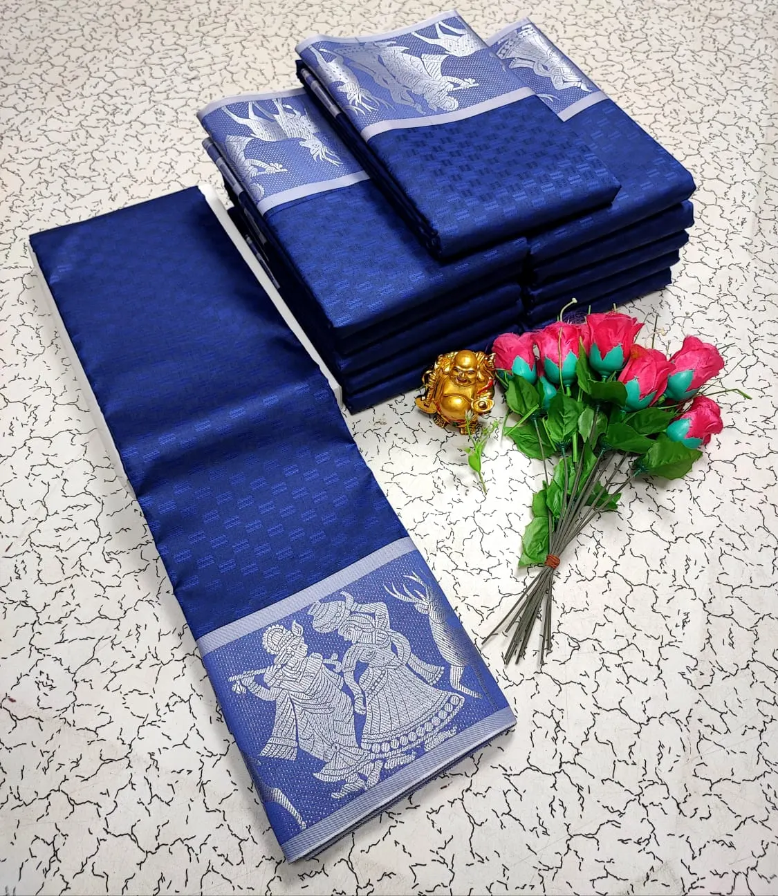 Royal Blue with Light Lilac Silver Zari Soft Silk Saree (Radha Krishna Border)